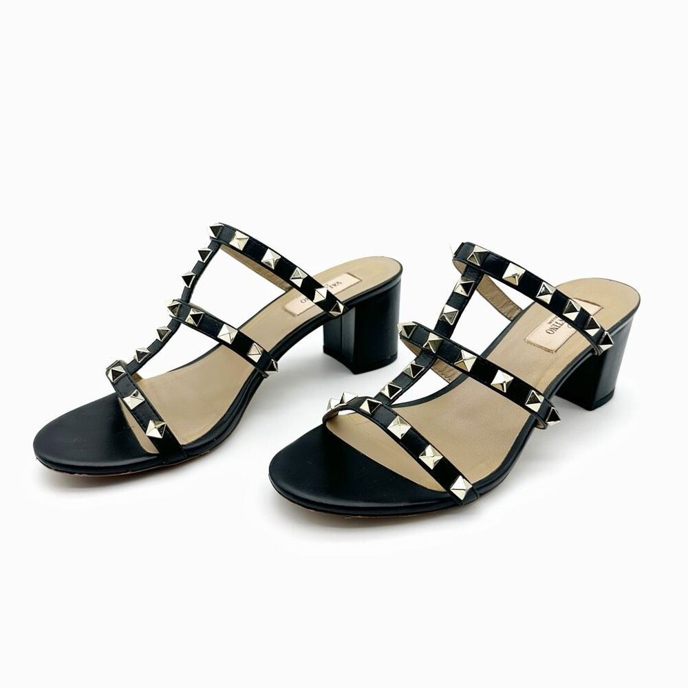 VALENTINO Black Rockstud Caged Heels Size 37 Sandal Leather Block Heel Slide